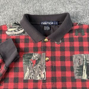 Vtg Nautica Buffalo Plaid Graphic Polo Mens Large Red Long Sleeve Rugby AOP Rare